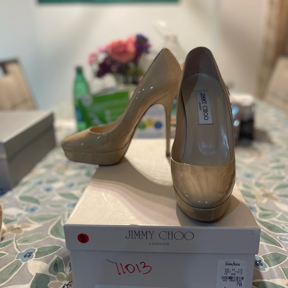 Jimmy Choo Beige Patent Platform Pumps